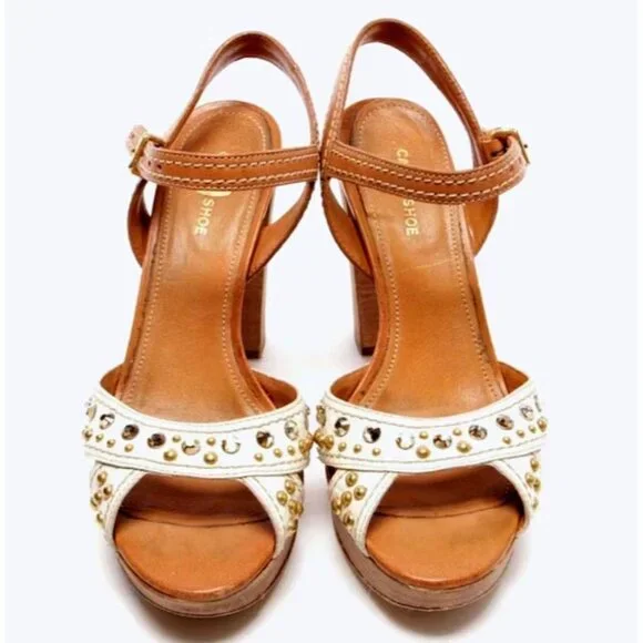 Car Shoe Studded Ankle Strap Block Heel Sandals White/Brown Women's 40/US 10 - Picture 5 of 12